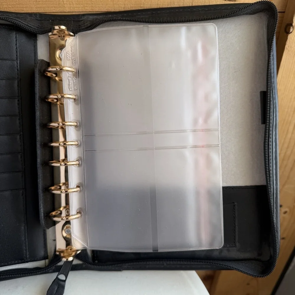 VTG Franklin Covey Planner 7 Ring Leather Zip Around Classic Black Pockets